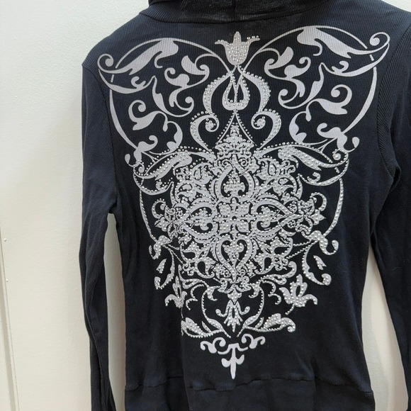 VTG Y2K Liberty Wear Black Zip Up Hoodie Sz L Rhinestone Grunge Streetwear Moto - Picture 3 of 9